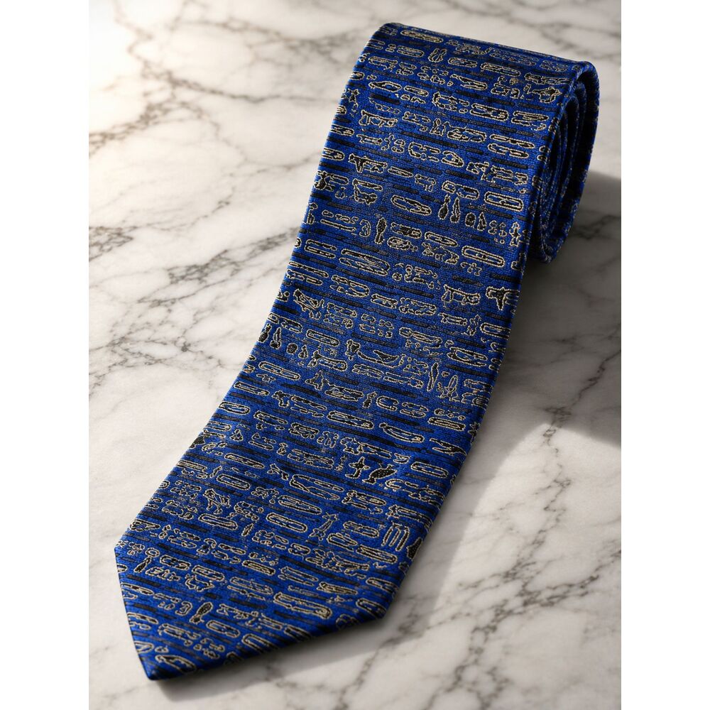 HERMES Paris Luxury Hieroglyphics Marine Blue Gray Tie